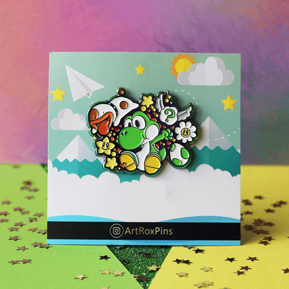 Playful Rainbow Green Dino & Pup Enamel Pin | Hard Enamel Collectible