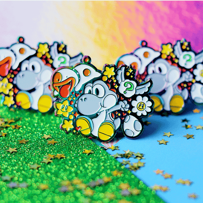 Playful Rainbow White Dino & Pup Enamel Pin | Hard Enamel Collectible