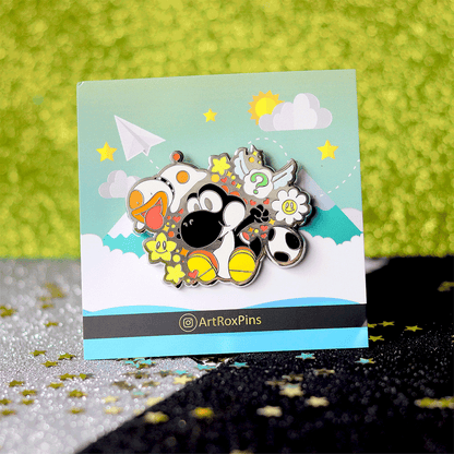 Playful Black Dino & Pup Enamel Pin | Hard Enamel Collectible