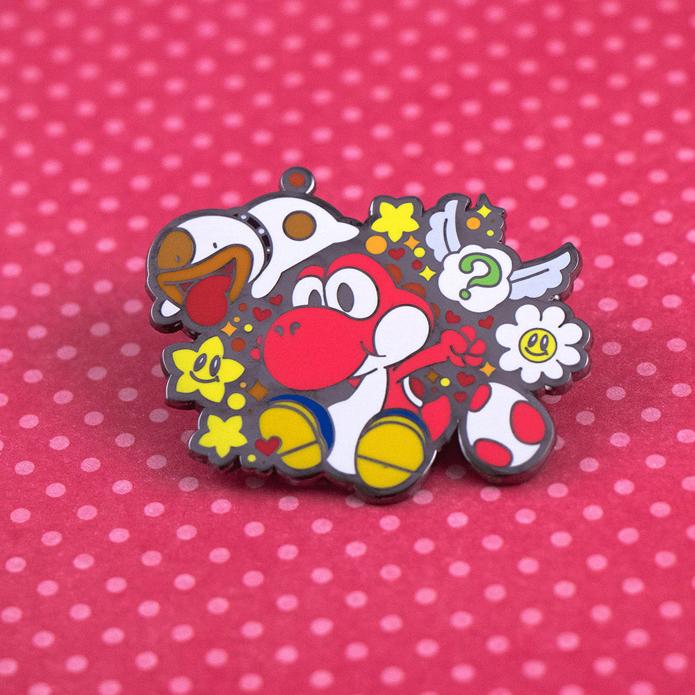 Playful Red Dino & Pup Enamel Pin | Hard Enamel Collectible