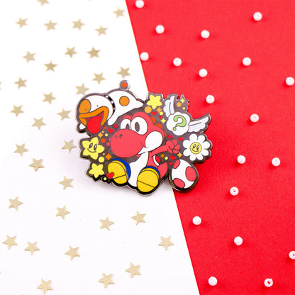 Playful Red Dino & Pup Enamel Pin | Hard Enamel Collectible