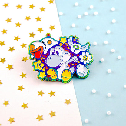 Playful Rainbow White Dino & Pup Enamel Pin | Hard Enamel Collectible